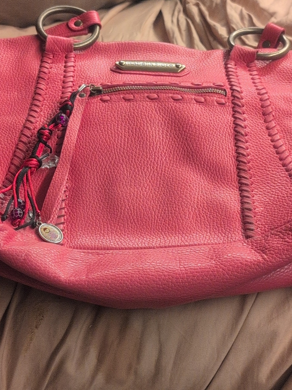 Isabella Fiore Coral Pink Braided-Trim Shoulder Tote